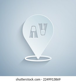 Paper cut Rubber flippers for swimming icon isolated on grey background. Diving equipment. Extreme sport. Diving underwater equipment. Paper art style. Vector