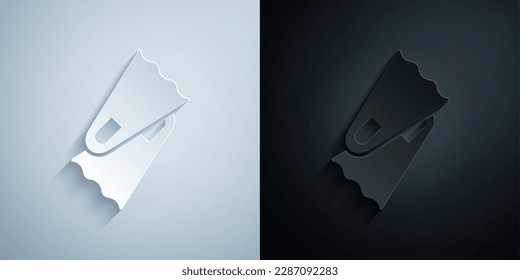 Paper cut Rubber flippers for swimming icon isolated on grey and black background. Diving equipment. Extreme sport. Diving underwater equipment. Paper art style. Vector