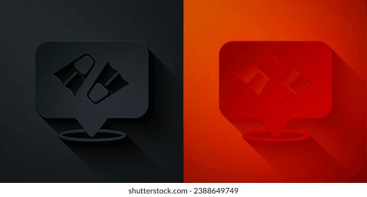 Paper cut Rubber flippers for swimming icon isolated on black and red background. Diving equipment. Extreme sport. Diving underwater equipment. Paper art style. Vector