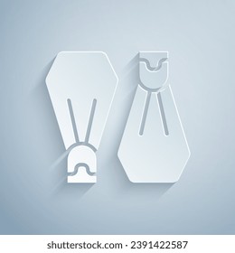 Paper cut Rubber flippers for swimming icon isolated on grey background. Diving equipment. Extreme sport. Sport equipment. Paper art style. Vector