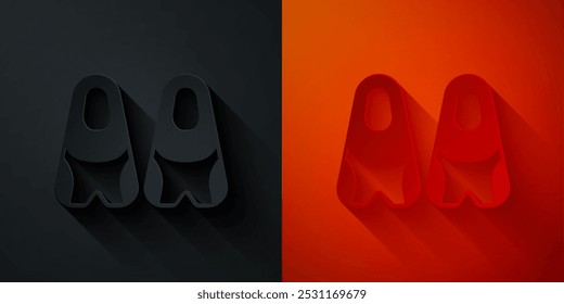 Aletas de goma cortadas de papel para el icono de la natación aislado en fondo negro y rojo. Equipo de buceo. Deporte extremo. Equipo submarino de buceo. Estilo de arte de papel. Vector