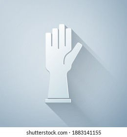 Paper cut Rubber gloves icon isolated on grey background. Latex hand protection sign. Housework cleaning equipment symbol. Paper art style. Vector