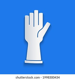 Paper cut Rubber gloves icon isolated on blue background. Latex hand protection sign. Housework cleaning equipment symbol. Paper art style. Vector