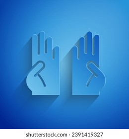 Paper cut Rubber gloves icon isolated on blue background. Latex hand protection sign. Housework cleaning equipment symbol. Paper art style. Vector