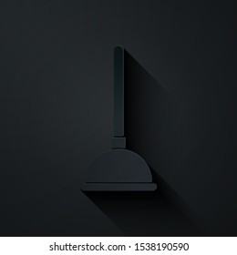 Paper cut Rubber plunger with wooden handle for pipe cleaning icon isolated on black background. Toilet plunger. Paper art style. Vector Illustration