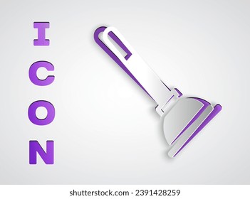 Paper cut Rubber plunger with wooden handle for pipe cleaning icon isolated on grey background. Toilet plunger. Paper art style. Vector