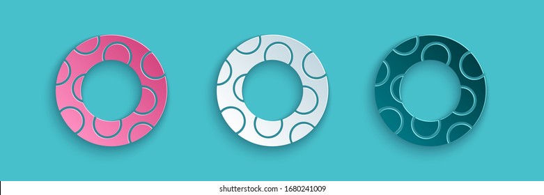 Paper cut Rubber swimming ring icon isolated on blue background. Life saving floating lifebuoy for beach, rescue belt for saving people. Paper art style. Vector Illustration