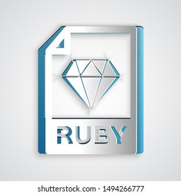 Paper cut RUBY file document. Download ruby button icon isolated on grey background. RUBY file symbol. Paper art style. Vector Illustration