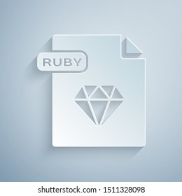Paper cut RUBY file document. Download ruby button icon isolated on grey background. RUBY file symbol. Paper art style. Vector Illustration