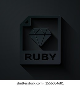 Paper cut RUBY file document. Download ruby button icon isolated on black background. RUBY file symbol. Paper art style. Vector Illustration