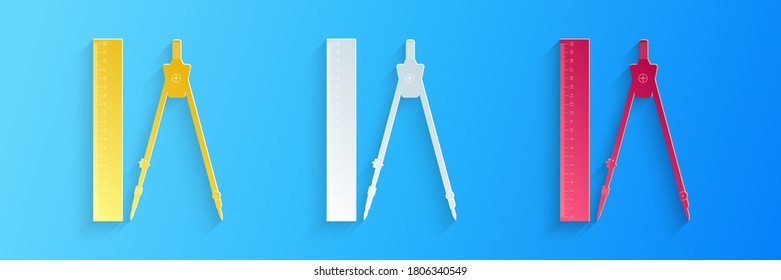 Paper cut Ruler and drawing compass icon isolated on blue background. Drawing professional instrument. Geometric equipment. Education sign. Paper art style. Vector.