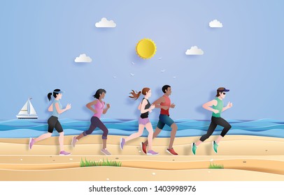  Paper cut, runner are running on the beach in the summer season.
