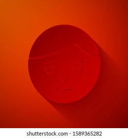 Paper cut Runny nose icon isolated on red background. Rhinitis symptoms, treatment. Nose and sneezing. Nasal diseases. Paper art style. Vector Illustration