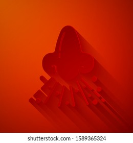 Paper cut Runny nose icon isolated on red background. Rhinitis symptoms, treatment. Nose and sneezing. Nasal diseases. Paper art style. Vector Illustration