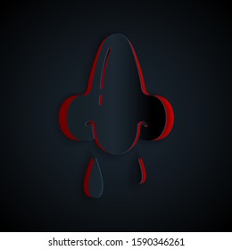 Paper cut Runny nose icon isolated on black background. Rhinitis symptoms, treatment. Nose and sneezing. Nasal diseases. Paper art style. Vector Illustration