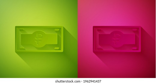 Papier schneidet russische Rubel Banknote Symbol einzeln auf grünem und rosafarbenem Hintergrund. Kunststil aus Papier. Vektorgrafik
