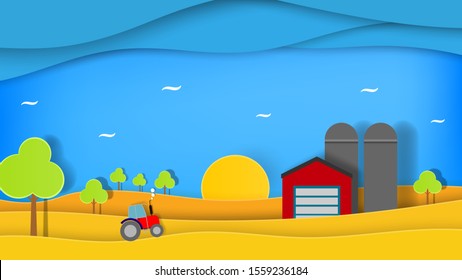 Paper cut rustic landscape. Horizontal vector illustration of farm fields with tractor harvesting wheat. Papercut art style rural illustration for kids. Harvest season. Design for banner, poster