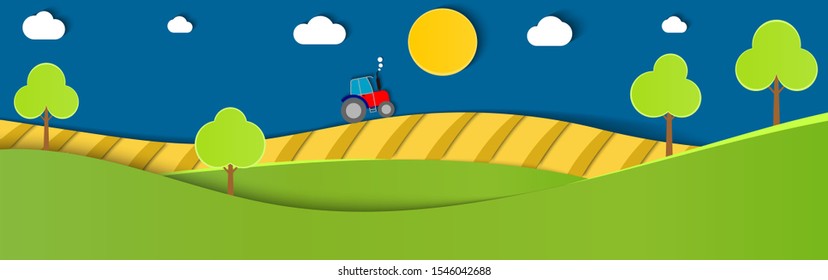 Paper cut rustic landscape.Long horizontal vector illustration of farm fields with tractor harvesting wheat. Papercut art style Green meadows. Harvest season. Design for banner, poster