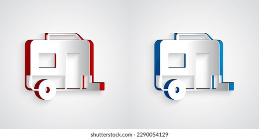 Paper cut Rv Camping trailer icon isolated on grey background. Travel mobile home, caravan, home camper for travel. Paper art style. Vector