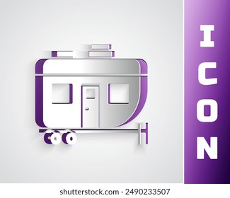 Paper cut Rv Camping trailer icon isolated on grey background. Travel mobile home, caravan, home camper for travel. Paper art style. Vector Illustration