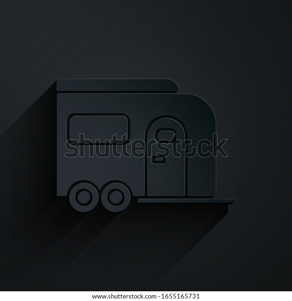 Paper cut Rv Camping trailer icon\
isolated on black background. Travel mobile home, caravan, home\
camper for travel. Paper art style. Vector\
Illustration