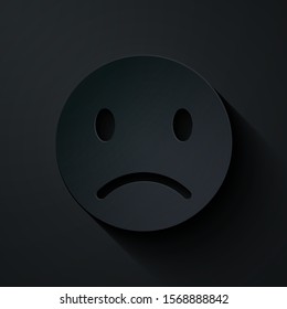 Paper cut Sad smile icon isolated on black background. Emoticon face. Paper art style. Vector Illustration