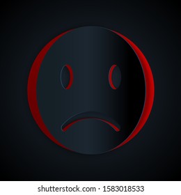 Paper cut Sad smile icon isolated on black background. Emoticon face. Paper art style. Vector Illustration