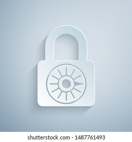 Paper cut Safe combination lock wheel icon isolated on grey background. Combination padlock. Security, safety, protection, password, privacy. Paper art style. Vector Illustration