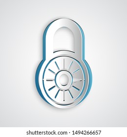 Paper cut Safe combination lock wheel icon isolated on grey background. Combination padlock. Security, safety, protection, password, privacy. Paper art style. Vector Illustration