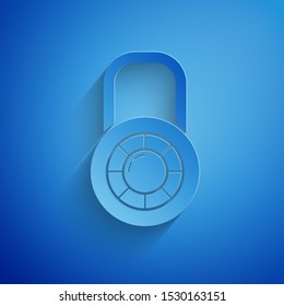 Paper cut Safe combination lock wheel icon isolated on blue background. Combination padlock. Security, safety, protection, password, privacy. Paper art style. Vector Illustration