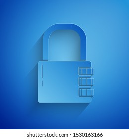Paper cut Safe combination lock icon isolated on blue background. Combination padlock. Security, safety, protection, password, privacy. Paper art style. Vector Illustration