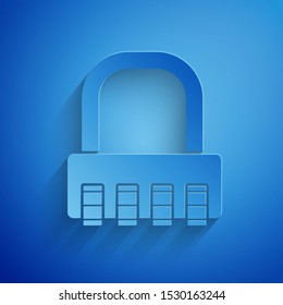 Paper cut Safe combination lock icon isolated on blue background. Combination padlock. Security, safety, protection, password, privacy. Paper art style. Vector Illustration