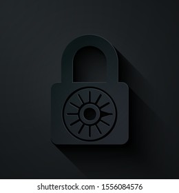 Paper cut Safe combination lock wheel icon isolated on black background. Combination padlock. Security, safety, protection, password, privacy. Paper art style. Vector Illustration