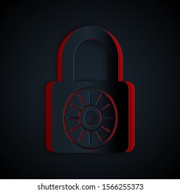 Paper cut Safe combination lock wheel icon isolated on black background. Combination padlock. Security, safety, protection, password, privacy. Paper art style. Vector Illustration