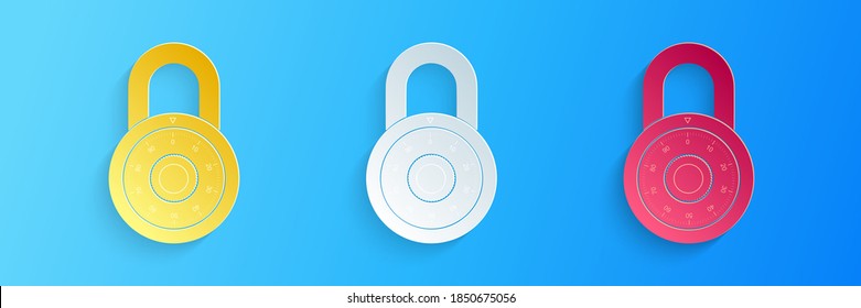 Paper cut Safe combination lock wheel icon isolated on blue background. Combination Padlock. Protection concept. Password sign. Paper art style. Vector.