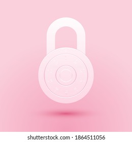 Paper cut Safe combination lock wheel icon isolated on pink background. Combination Padlock. Protection concept. Password sign. Paper art style. Vector.