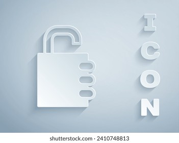 Paper cut Safe combination lock icon isolated on grey background. Combination padlock. Security, safety, protection, password, privacy. Paper art style. Vector Illustration