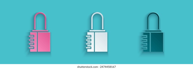 Paper cut Safe combination lock icon isolated on blue background. Combination padlock. Security, safety, protection, password, privacy. Paper art style. Vector Illustration