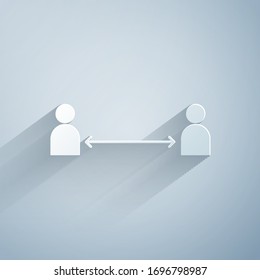 Paper cut Safe distance icon isolated on grey background. Viruses and people keeping distance for infection risk. Paper art style. Vector Illustration
