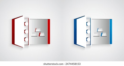 Paper cut Safe with gold bars icon isolated on grey background. Precious metals on deposit in bank. Metallic treasury. Reliable data protection. Paper art style. Vector