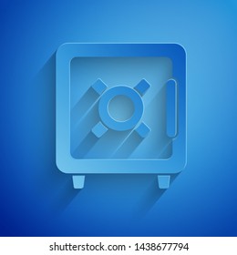 Paper cut Safe icon isolated on blue background. The door safe a bank vault with a combination lock. Reliable Data Protection. Paper art style. Vector Illustration