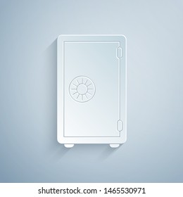 Paper cut Safe icon isolated on grey background. The door safe a bank vault with a combination lock. Reliable Data Protection. Paper art style. Vector Illustration