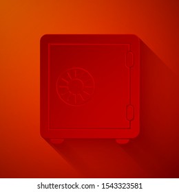 Paper cut Safe icon isolated on red background. The door safe a bank vault with a combination lock. Reliable Data Protection. Paper art style. Vector Illustration