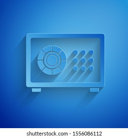 Paper cut Safe icon isolated on blue background. The door safe a bank vault with a combination lock. Reliable Data Protection. Paper art style. Vector Illustration