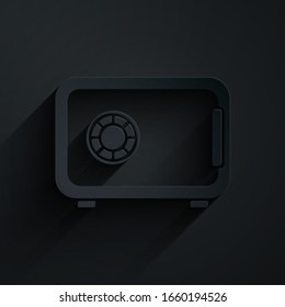 Paper cut Safe icon isolated on black background. The door safe a bank vault with a combination lock. Reliable Data Protection. Paper art style. Vector Illustration