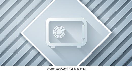 Paper cut Safe icon isolated on grey background. The door safe a bank vault with a combination lock. Reliable Data Protection. Paper art style. Vector Illustration