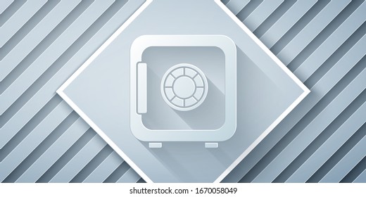 Paper cut Safe icon isolated on grey background. The door safe a bank vault with a combination lock. Reliable Data Protection. Paper art style. Vector Illustration