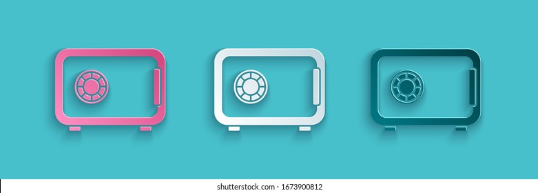 Paper cut Safe icon isolated on blue background. The door safe a bank vault with a combination lock. Reliable Data Protection. Paper art style. Vector Illustration