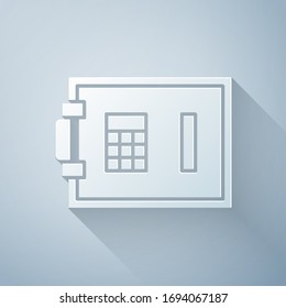 Paper cut Safe icon isolated on grey background. The door safe a bank vault with a combination lock. Reliable Data Protection. Paper art style. Vector Illustration