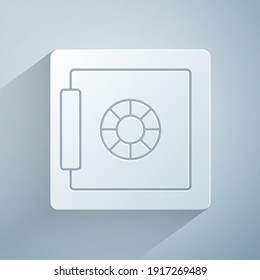 Paper cut Safe icon isolated on grey background. The door safe a bank vault with a combination lock. Reliable Data Protection. Paper art style. Vector